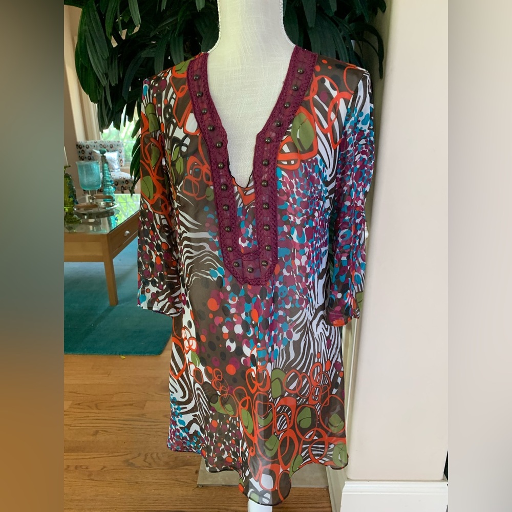 🏝🏝Bisou Bisou Multi-color Lightweight Boho Beaded Beach Pool Coverup Size S🏝 - Picture 1 of 8